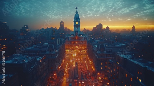 City Hall Dusk Aerial Philadelphia Skyline View