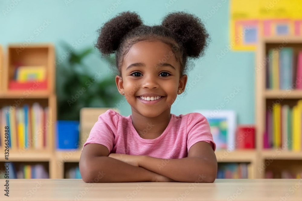 Fototapeta premium Smiling girl sits confidently at a table in a colorful classroom during daytime