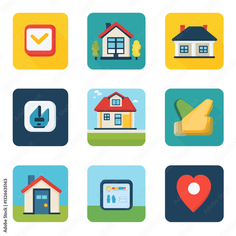 Flat Design Icons of Houses, Checkmark, Heart, and UI Elements Flat Design Icons of Houses, Checkmark, Heart, and UI Elements
