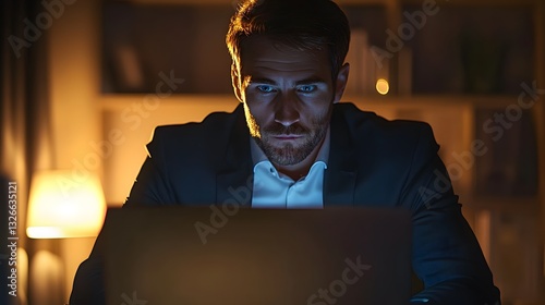 Focused businessman working late at night on laptop, illuminated by soft light in modern workspace setting