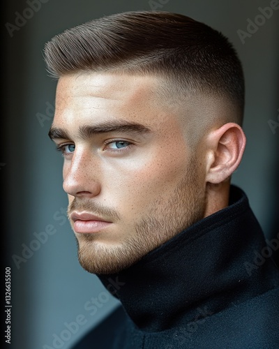 Modern Man with Stylish Fade Haircut and Beard in Barber Shop Setting