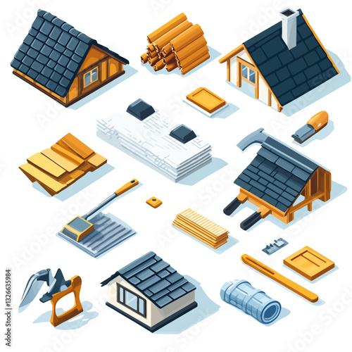 House Construction Set: Isometric View, Tools, Building Materials, and Home Build