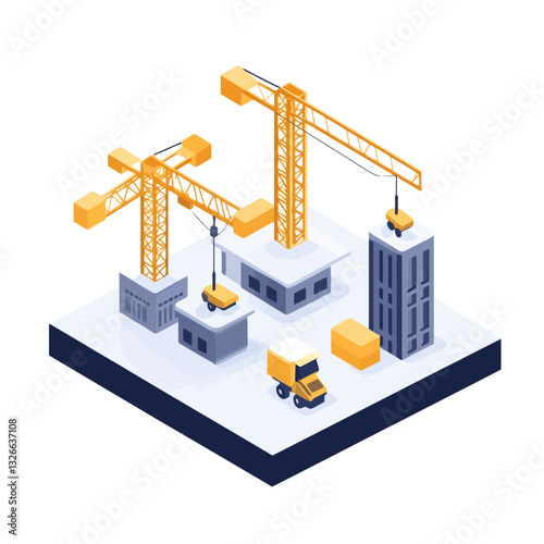 Isometric Construction Site with Cranes, Buildings, and Truck Illustration