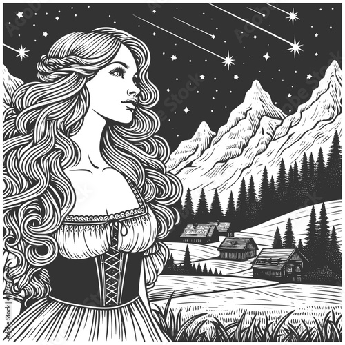 woman in traditional dress gazing at a starry night sky with shooting stars, mountains, and a village sketch engraving generative ai vector illustration. Scratch board imitation. Black and white image