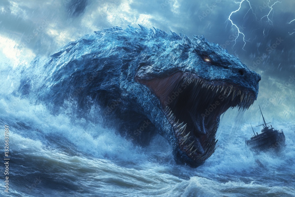 Obraz premium Giant sea creature emerges from stormy waters, towering over a ship during a fierce thunderstorm