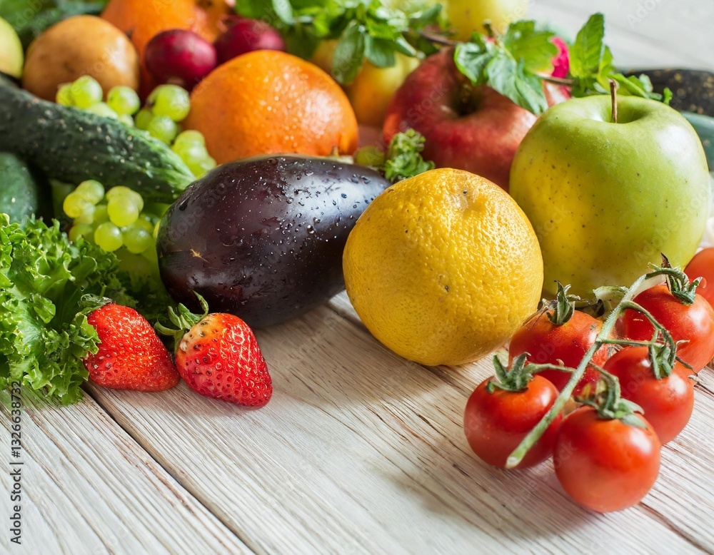 Healthy Food Display Featuring Fruits and Vegetables on a White Wooden Table Healthy Food Display Featuring Fruits and Vegetables on a White Wooden Table