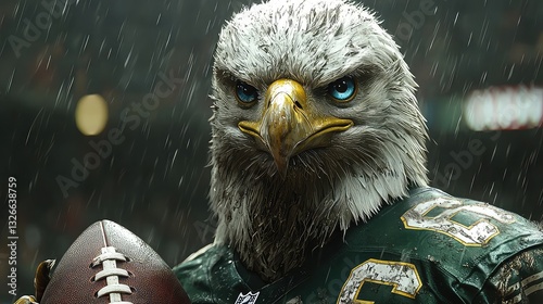 Majestic Bald Eagle Mascot in Rain, Gripping Football, Dramatic Close-up, Powerful Sports Image, Realistic 3D Render, Intense Gaze, Green Jersey, Wet Fur, Dark Background