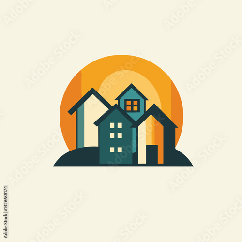 Houses with sun, modern real estate logo, residential building design.