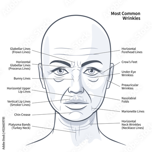 Most Common Types of wrinkles on face of woman. Vector illustration isolated on white background