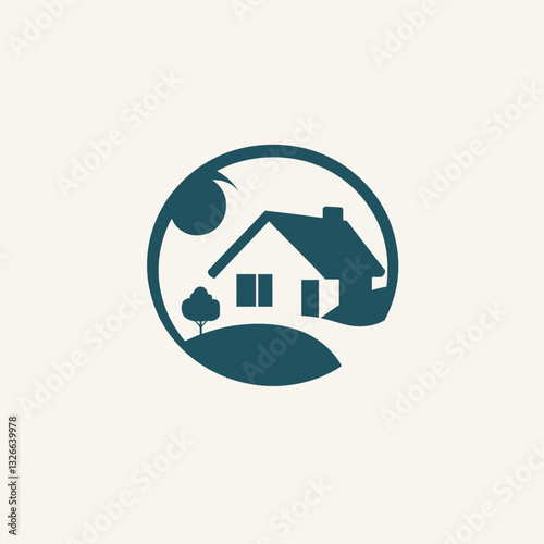 Minimalist house logo with tree, circle, and nature elements.