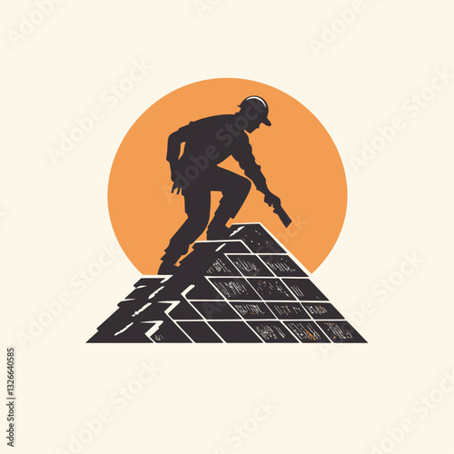 Roofer silhouette on roof with orange sun, construction, handyman