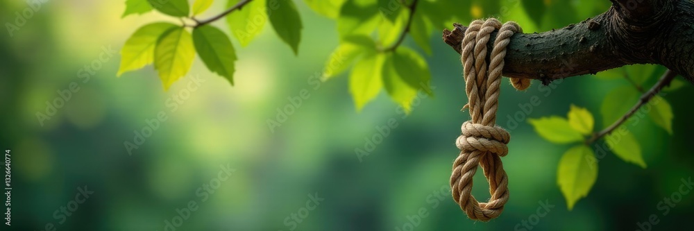 Long rope hanging from a tree branch with a tangle, tangle, curved rope Long rope hanging from a tree branch with a tangle, tangle, curved rope