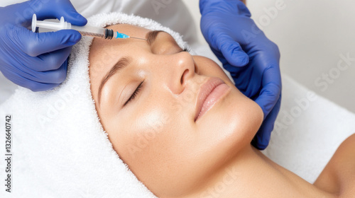 Beautician wearing blue gloves injecting botulinum toxin into forehead of young woman lying on white towel for wrinkles treatment in beauty parlor