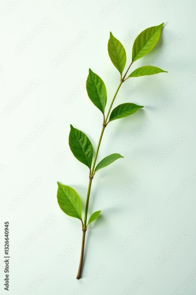 Long, slender branch with delicate leaves against white, greenery, leafy Long, slender branch with delicate leaves against white, greenery, leafy