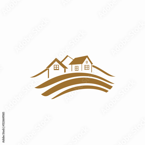 House logo illustration. Home icon with hillside and mountains.