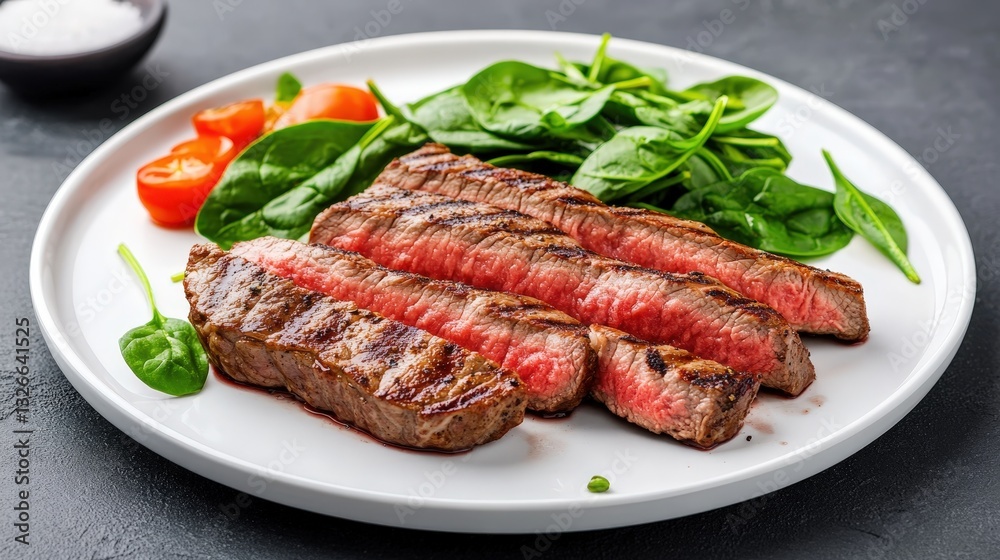 A plate of juicy grilled steak served with fresh spinach and cherry tomatoes, showcasing a delicious and nutritious meal. A plate of juicy grilled steak served with fresh spinach and cherry tomatoes, showcasing a delicious and nutritious meal.