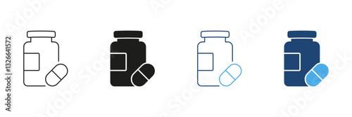 Supplement Jar With Capsule Line and Silhouette Icon Set. Vitamins, Health Support, Dietary Supplementation And Wellness. Editable Stroke. Isolated Vector Illustration
