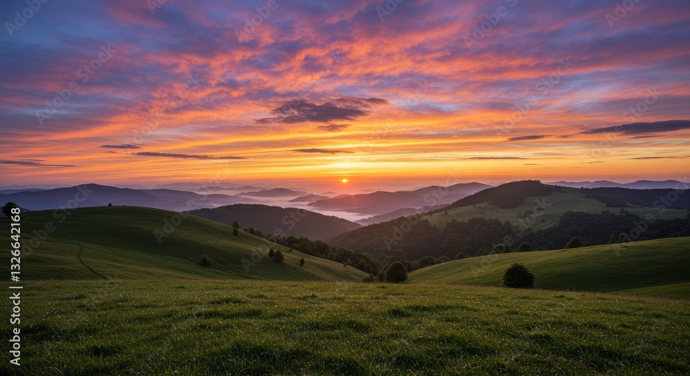 Obraz premium Serene Sunrise Over Rolling Hills - Breathtaking sunrise paints the sky with vibrant colors over gently rolling green hills and distant mountains