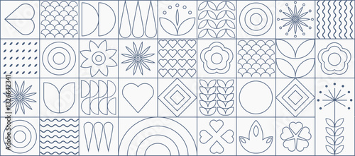 Geometric line art banner with geometric shapes and figures. Retro banner with forms and flowers in outline style. Vector illustration.