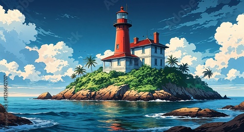 Deserted island lighthouse building design on manga design illustration background