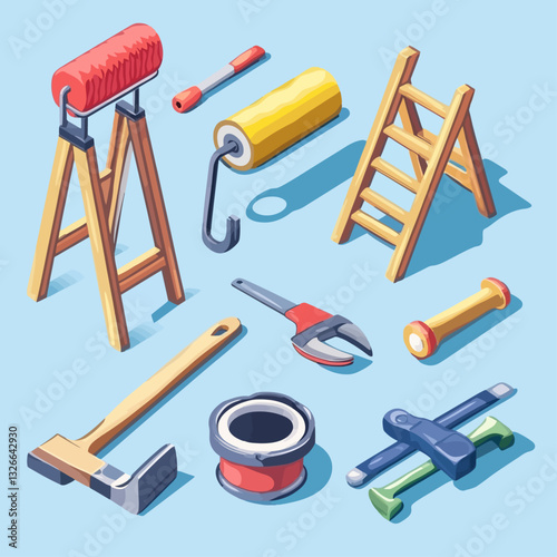 Painting tools set, isometric illustration on blue background, home repair