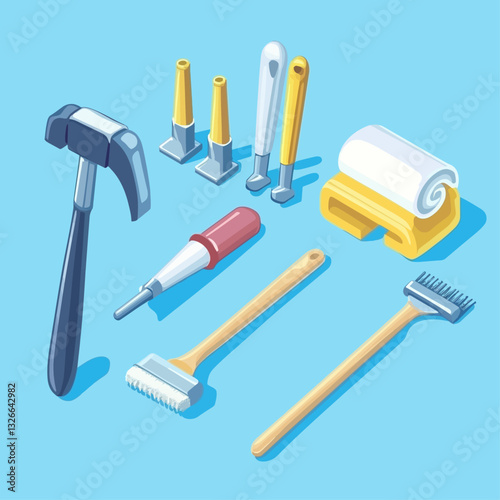 Isometric leather working tools on light blue background.