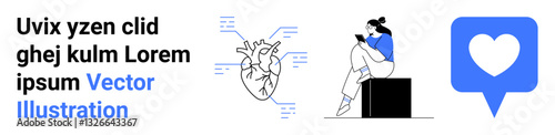 Woman using phone, anatomical heart drawing, and heart in a blue speech bubble. Ideal for healthcare, wellness, technology, digital health, communication medical apps social media. Landing page