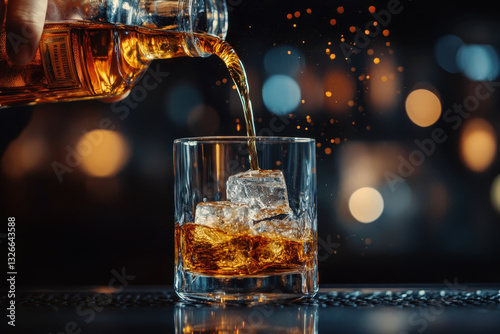 Whiskey poured into glass, a golden stream cascading into the crystal vessel with focused intent. Shadows dance, promising warmth and comfort.