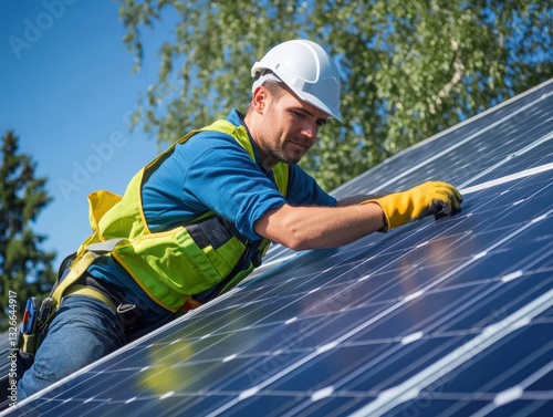 Wallpaper Mural Focused Technician Inspecting Solar Panel Array on a Roof, Representing Green Energy and Sustainable Solutions. Perfect for Renewable Energy Companies, Environmental Campaigns, and Sustainability Repo Torontodigital.ca