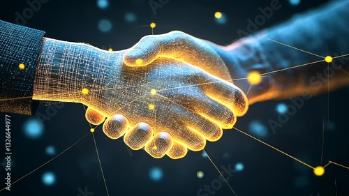 Digital representation of two hands shaking, symbolizing partnership and collaboration in a tech environment