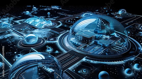 A futuristic cityscape with a large dome in the center. The dome is surrounded by smaller domes and buildings.