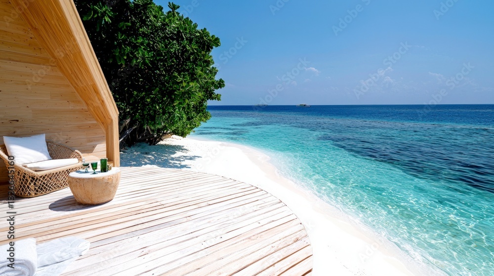 Obraz premium Luxurious Beachfront Bungalow Retreat Ocean View Tropical Getaway