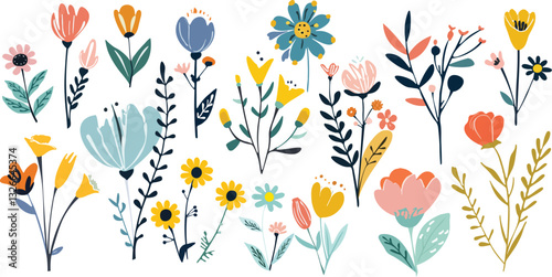Colorful floral vector set in fleur-de-lis style. EPS format allows easy editing and resizing. Ideal for cards, prints, packaging, scrapbooking, and web design.