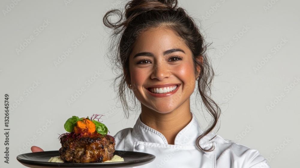 Professional chef presenting a delicious gourmet dish with a smile in a pristine kitchen setting Professional chef presenting a delicious gourmet dish with a smile in a pristine kitchen setting