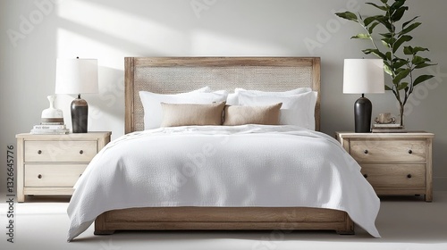 A cozy white farmhouse-style bed with a rustic headboard against a clean background.