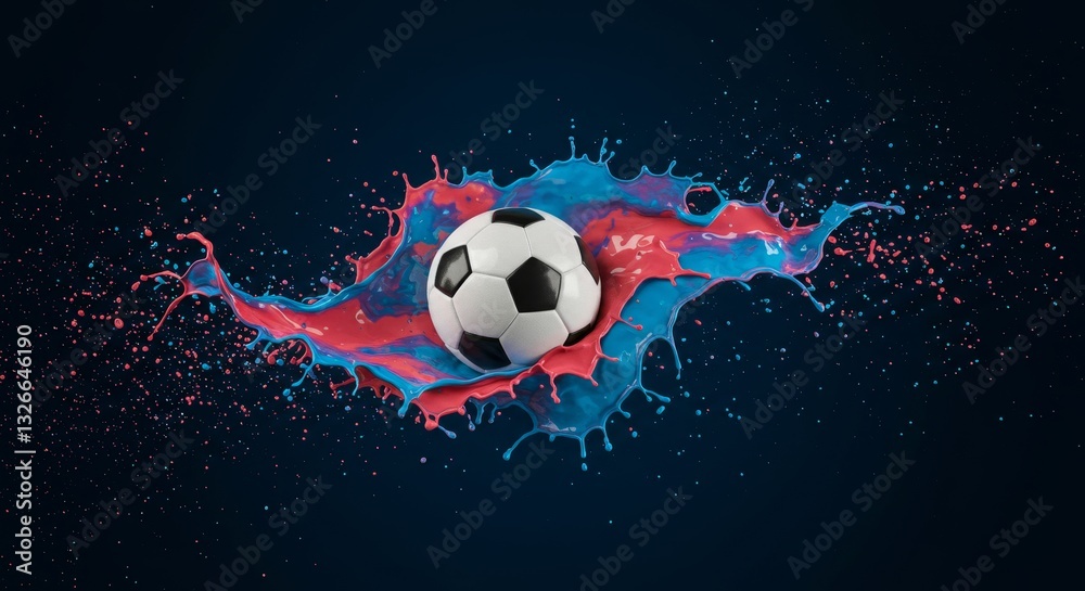 Fototapeta premium Soccer Ball in Paint Splash - A soccer ball explodes in a vibrant blue and pink paint splash against a dark background. Dynamic and energetic perfect for sports themes