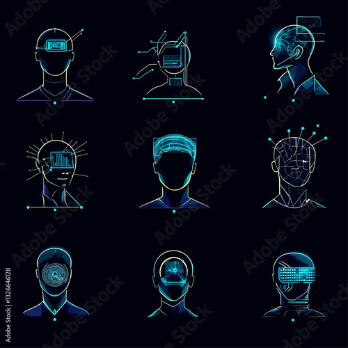 Futuristic Human Heads with AI Brains, Technology and the Future of Innovation.