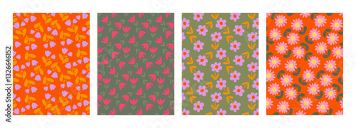 Set of greeting cards / posters in a modern minimalistic style. illustrations of wildflowers, Narcissus flower, Crocus flowers, tulip flower, flowers in vase, bouquet. Hand drawn Floral invitation.