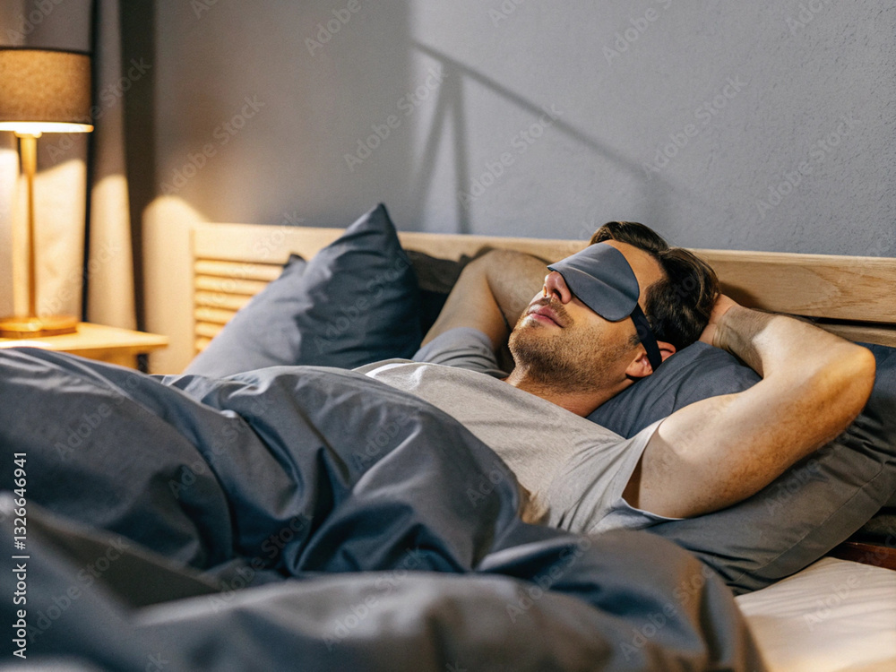 Obraz premium A man sleeping with an eye mask. Importance of sleep. Image of good sleep.