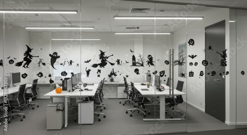 Fototapeta Naklejka Na Ścianę i Meble -  Spooky Season Office Glass Wall Decor - Modern office space decorated with Halloween-themed window clings. Symbolizing fun, creativity, festivity, autumn, and spooky spirit