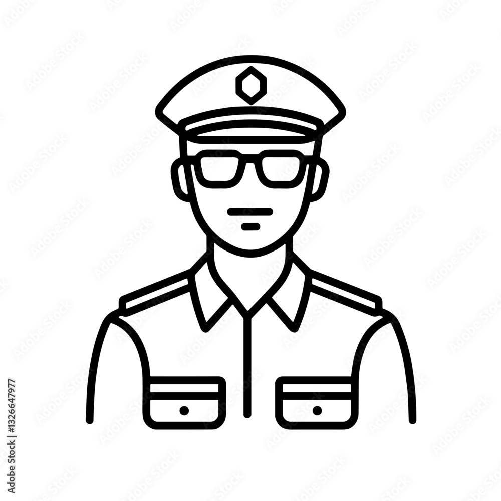 Minimalist line art of a police officer wearing a hat and glasses Minimalist line art of a police officer wearing a hat and glasses