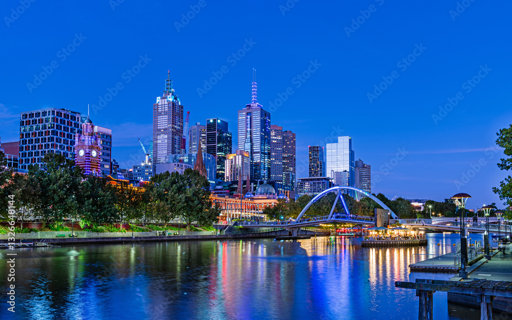 Fototapeta premium Melbourne, Australia – February 18, 2024: Melbourne skyline at blue hour.