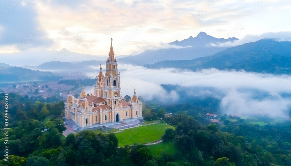Aerial view of a beautiful church nestled in a valley, with mist-shrouded mountains in the background. Lush greenery surrounds the structure Aerial view of a beautiful church nestled in a valley, with mist-shrouded mountains in the background. Lush greenery surrounds the structure