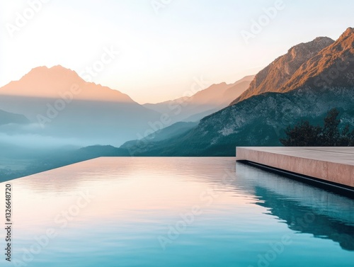 Serene Infinity Pool Overlooking Majestic Mountains at Sunrise, Symbolizing Tranquility and Luxury. Perfect for travel brochures, hotel websites, and spa advertising.