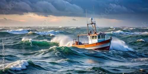 A small fishing boat struggles to stay afloat in the midst of turbulent waves and strong winds on the open sea photo