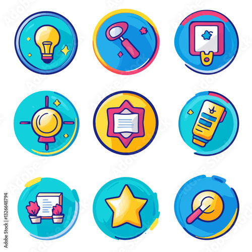 Icon Set: Creativity, Innovation, Lightbulb, Magnifier, Target, and More.