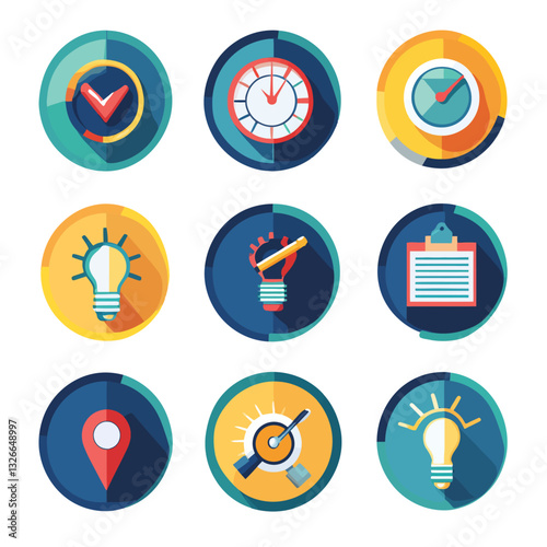 Colorful Flat Design Icons: Time, Ideas, Planning, and Location Concepts