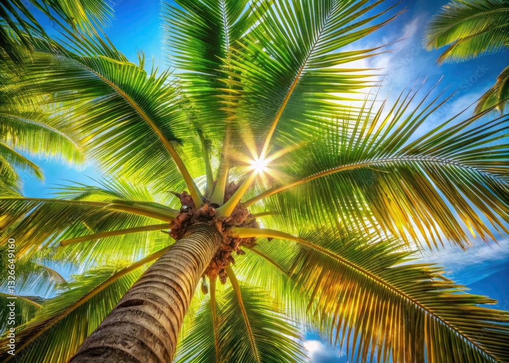 Obraz premium A stunning upward shot of palm trees in a vibrant tropical paradise, perfect vacation imagery.