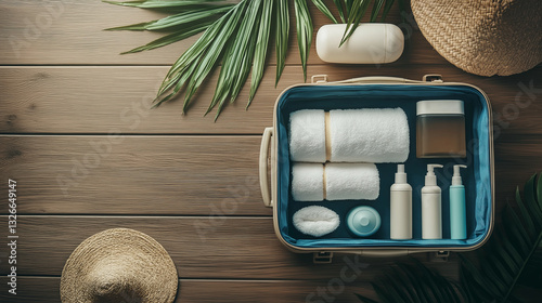 Summer travel suitcase with beach towels, sunscreen, and tropical accessories on wooden surface with copy space photo
