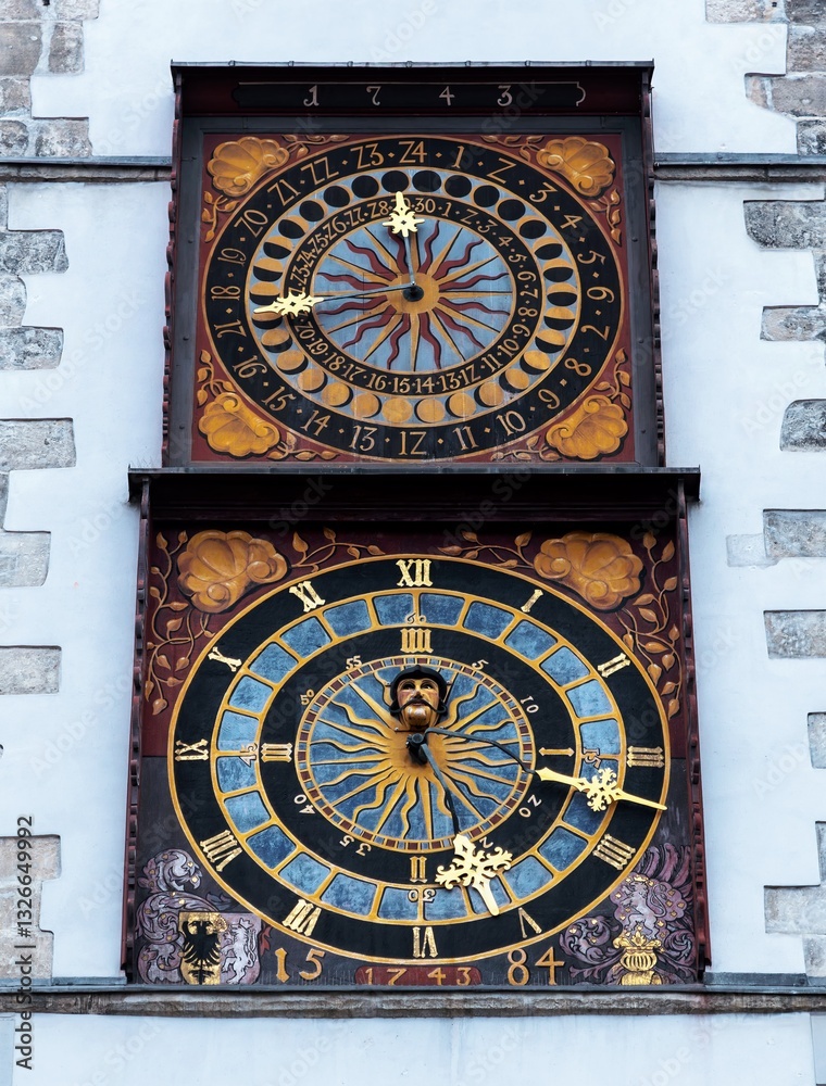 Large decorative colorful astronomical clock in Gorlitz Germany